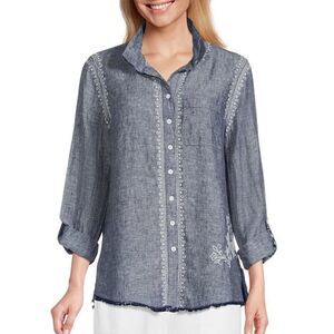John Mark Chambray Blue 100% Linen Embroidered Chambray Tunic Button Shirt 0X